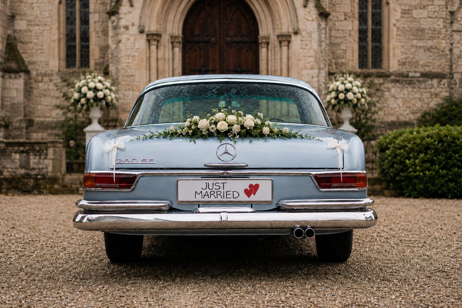 Heckansicht der Mercedes Benz S-Klasse mit Just-Married-Kennzeichen und Blumengesteck vor dem Kirchenportal