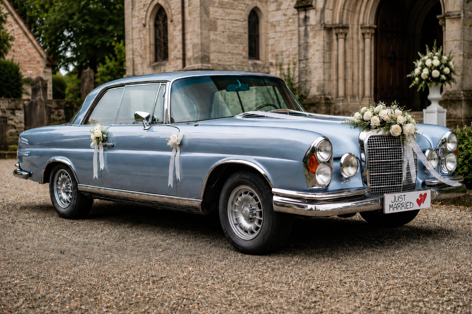 Mercedes Benz S-Klasse Hochzeitsauto mit weißem Blumenschmuck vor einer Kirche