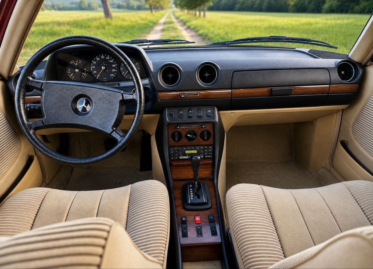 Armaturenbrett und Automatikwahlhebel im Mercedes W123