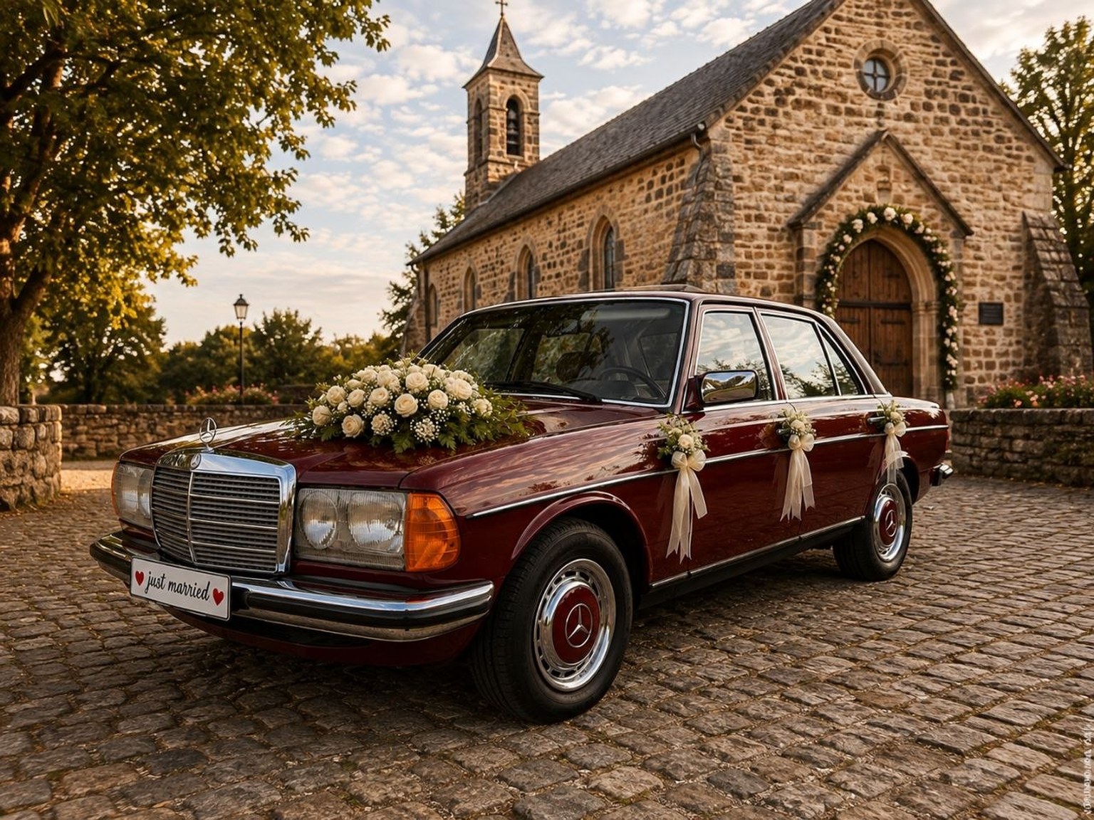 Front des weinroten Mercedes W123 als Hochzeitsauto mit weißen Schleifen und Blumen