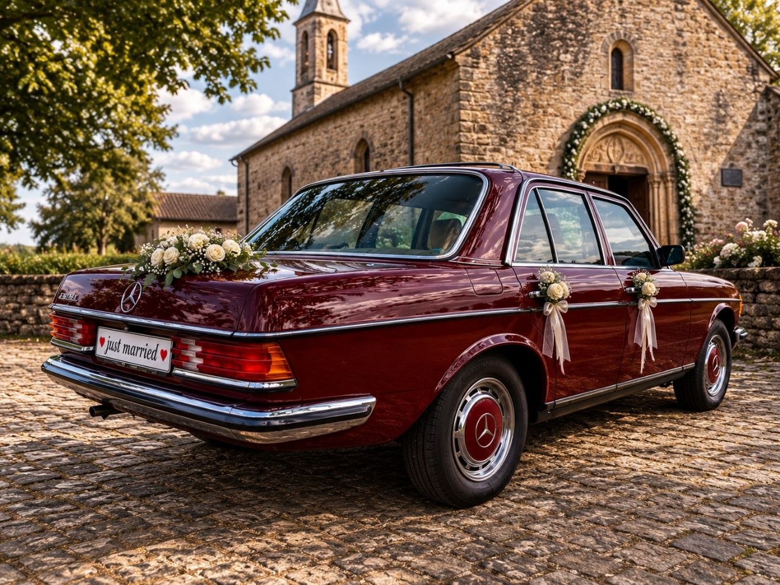 Weinroter Mercedes W123 Hochzeitsauto schräg hinten mit Just-Married-Schild vor der Kirche