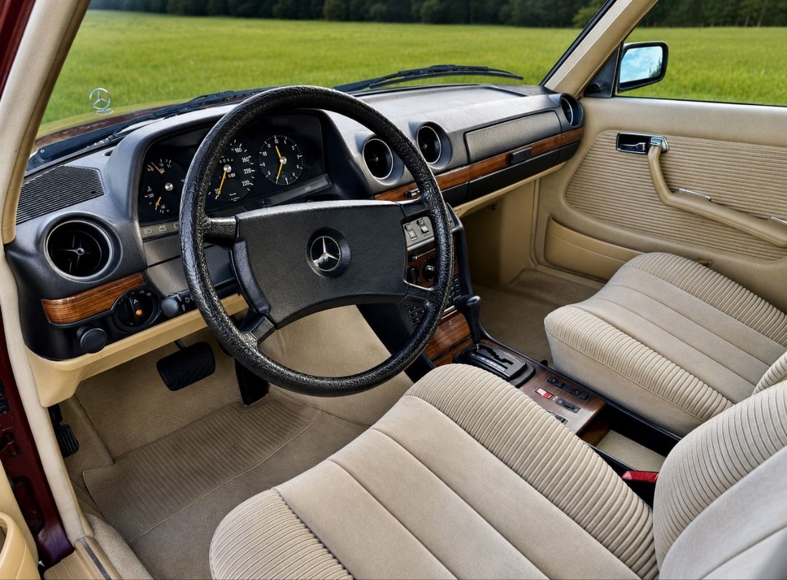 Lenkrad und Armaturenbrett mit Holz im Mercedes W123